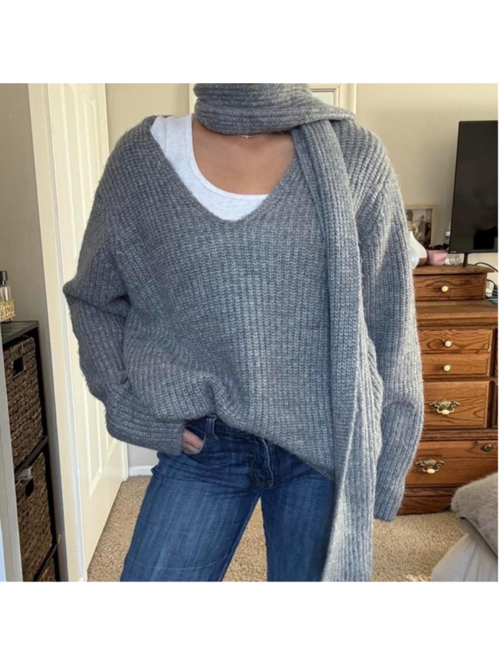 DKNY Gray V Neck Sweater with Detachable Scarf 

Such a cool sweater for fall